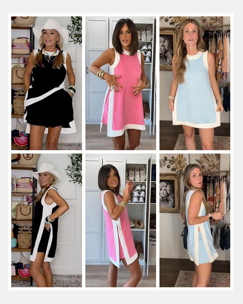 2-Piece Set Color Block Crewneck Sleeveless Top and Shorts with Pockets