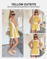 2-Piece Set Color Block Crewneck Sleeveless Top and Shorts with Pockets