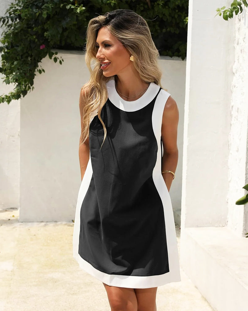 2-Piece Set Color Block Crewneck Sleeveless Top and Shorts with Pockets