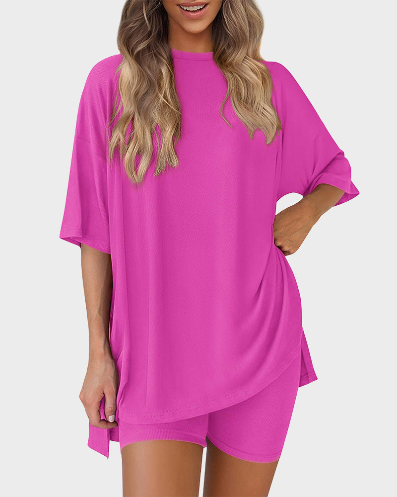 Casual Oversized 2-Piece Lounge Set with Crewneck & Split Hem